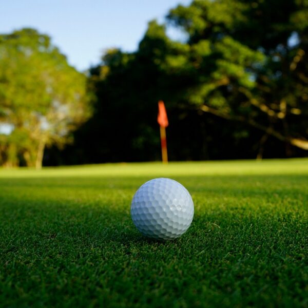 Golf ball on green in beautiful golf course at sunset background.